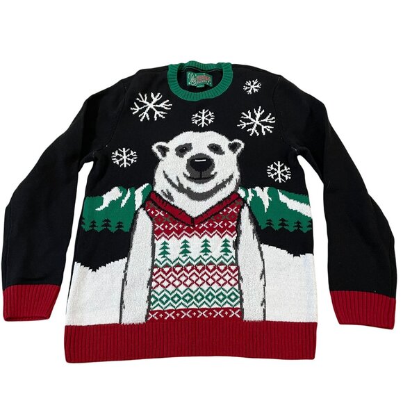 Ugly Christmas Sweater Men's Large Polar Bear Snowflakes Black Red Green - Picture 1 of 5
